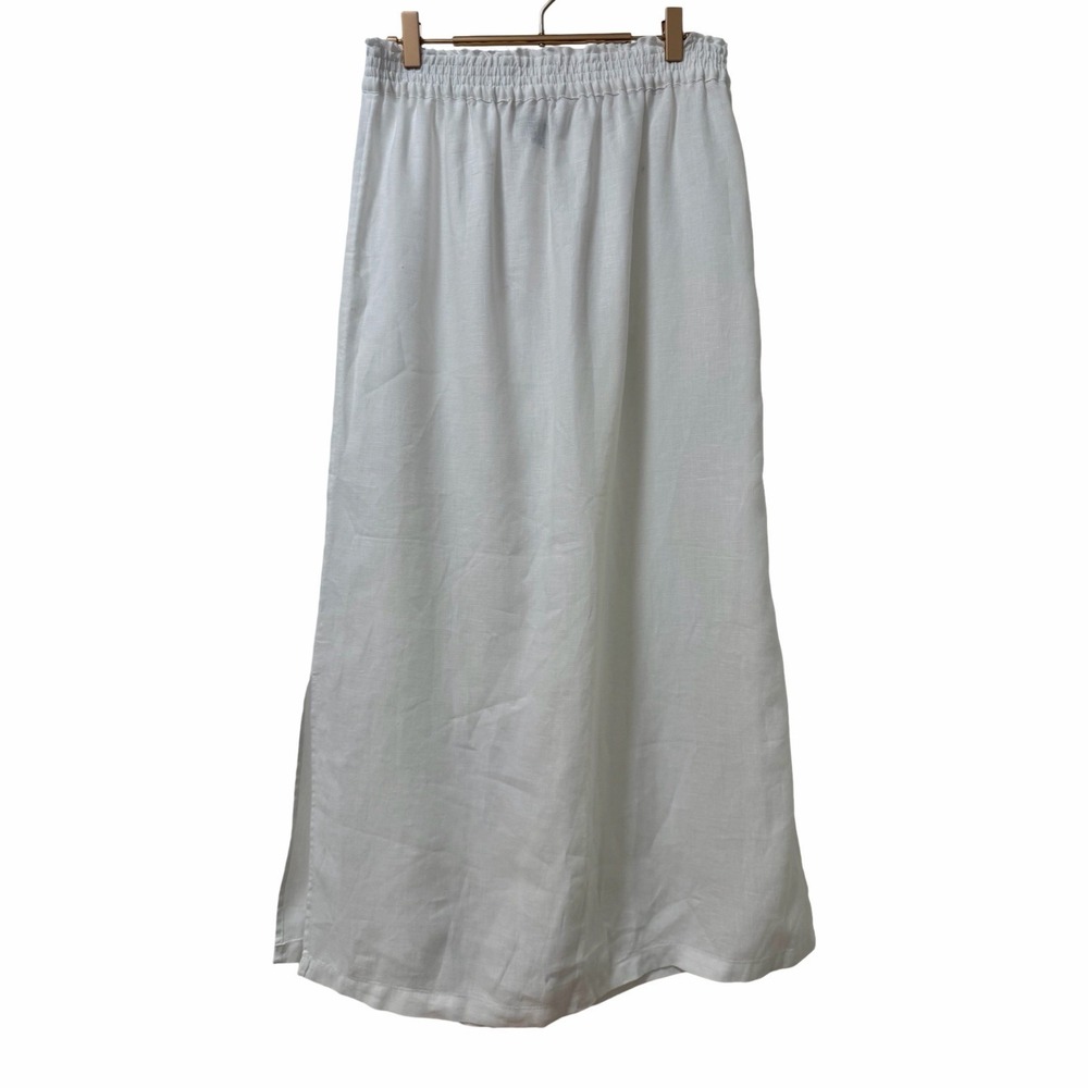 Saks Fifth Avenue 100% Linen Midi A-Line Skirt Size S White Side Slits Coastal